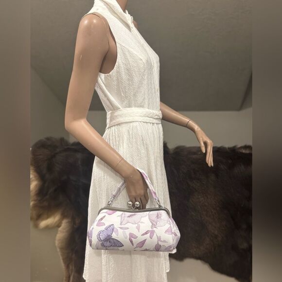 Butterfly PrintâCowhide Leather Handmade Kisslock Baguette Bag/Crossbody - Picture 10 of 14